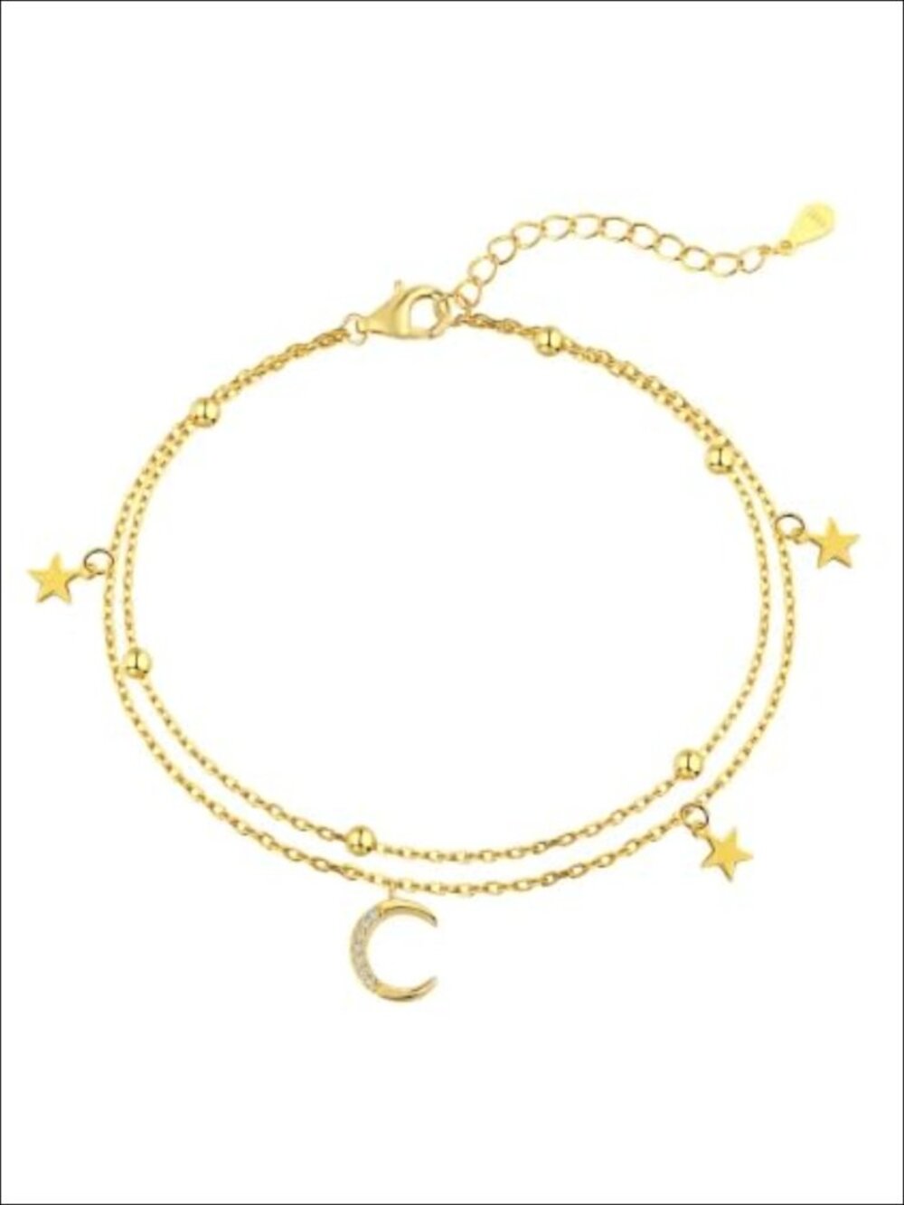 14K Gold Moon and Star Chain Bracelet with Diamonds Layered Double-Layer Design